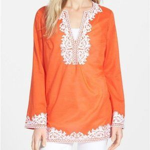 MICHAEL Michael Kors Womens XS Orange Long Sleeves Embroidered Tunic Blouse Top
